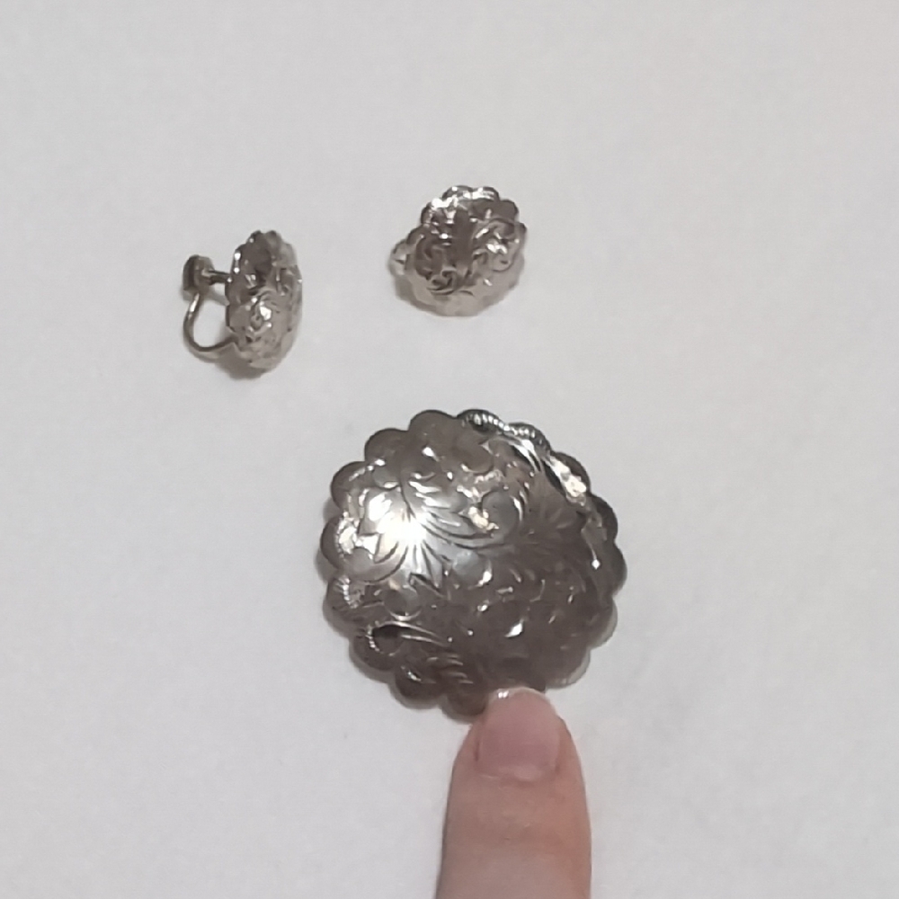 Silver Floral Engraved Brooch and Clip-On Earrings Set